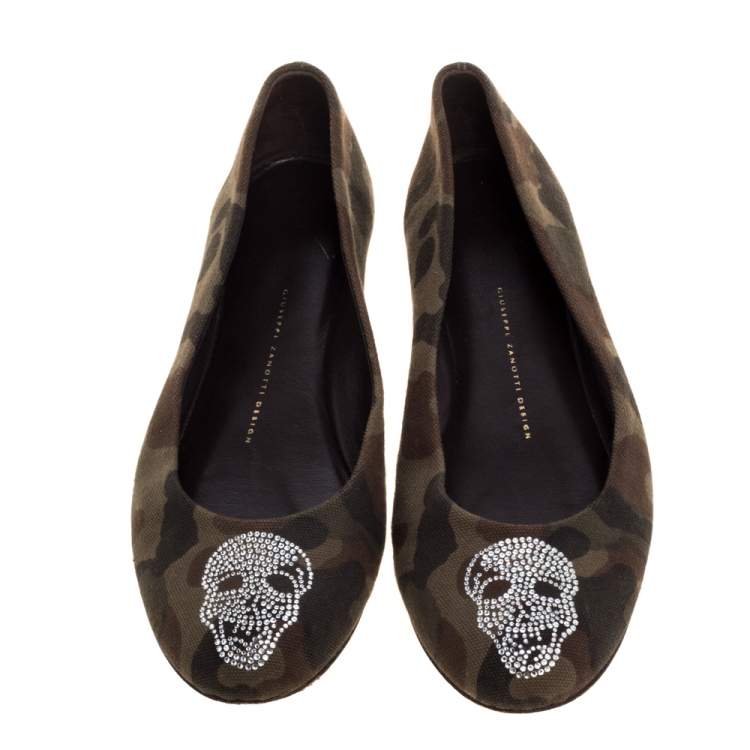 Pre Owned Giuseppe Zanotti Green Camouflage Canvas Crystal Skull Ballet Flats Size 38.5