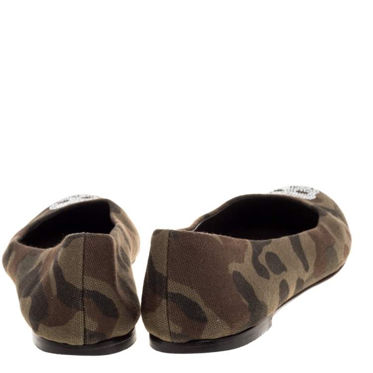 Pre Owned Giuseppe Zanotti Green Camouflage Canvas Crystal Skull Ballet Flats Size 38.5