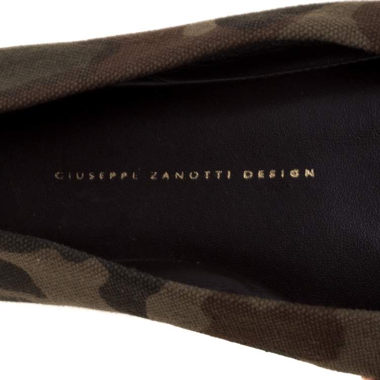 Pre Owned Giuseppe Zanotti Green Camouflage Canvas Crystal Skull Ballet Flats Size 38.5