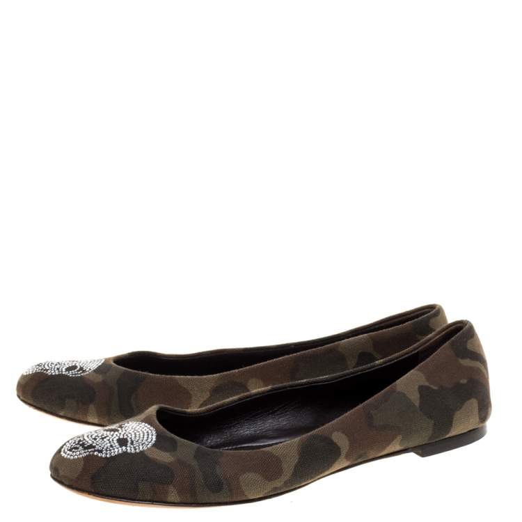Pre Owned Giuseppe Zanotti Green Camouflage Canvas Crystal Skull Ballet Flats Size 38.5