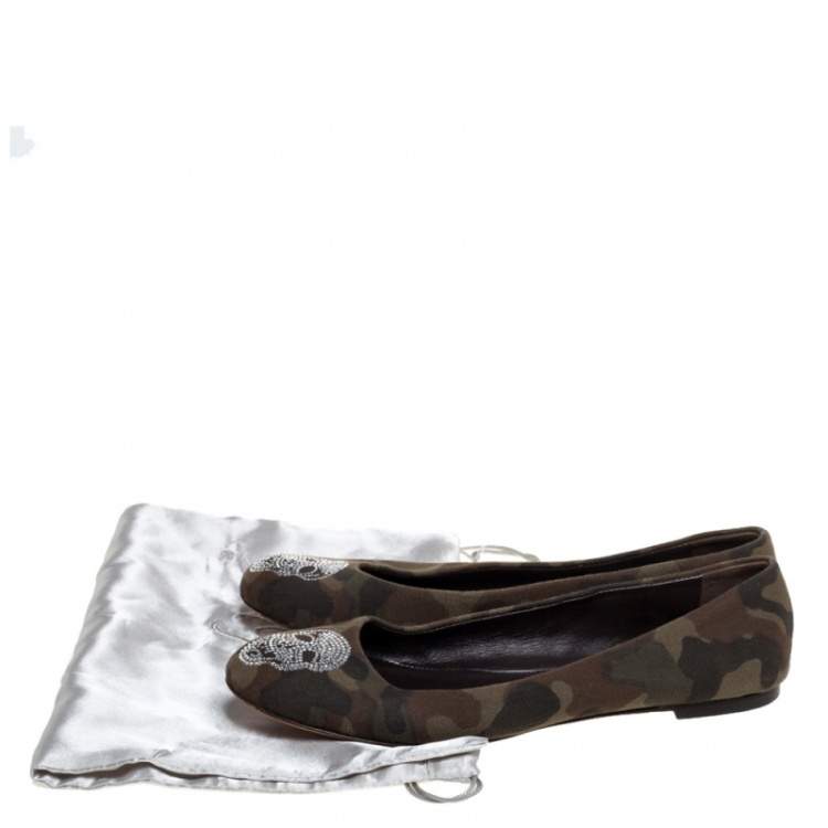 Pre Owned Giuseppe Zanotti Green Camouflage Canvas Crystal Skull Ballet Flats Size 38.5