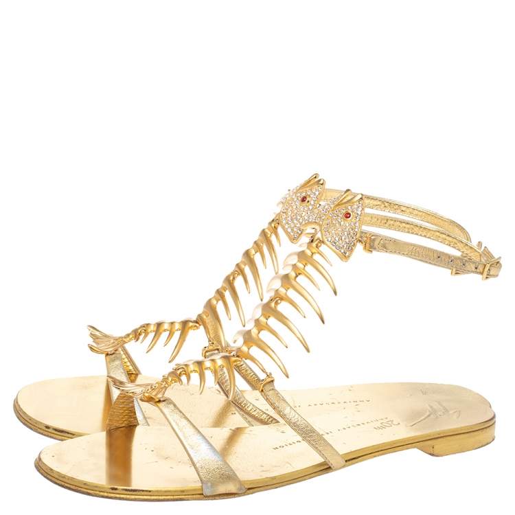 Pre Owned Giuseppe Zanotti Gold Leather Fishbone Embellished Ankle Strap Sandals Size 36
