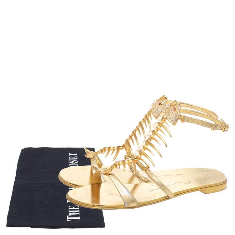 Pre Owned Giuseppe Zanotti Gold Leather Fishbone Embellished Ankle Strap Sandals Size 36