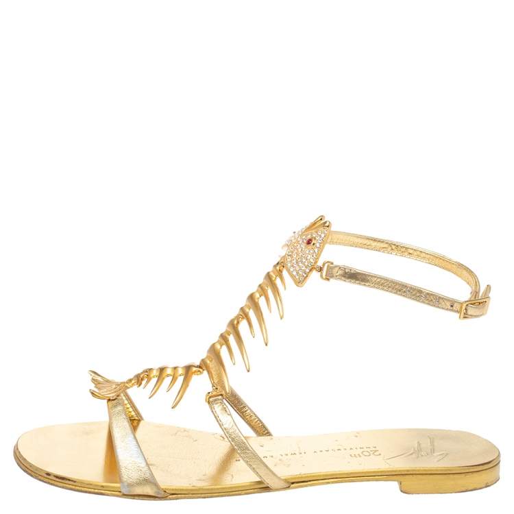 Pre Owned Giuseppe Zanotti Gold Leather Fishbone Embellished Ankle Strap Sandals Size 36