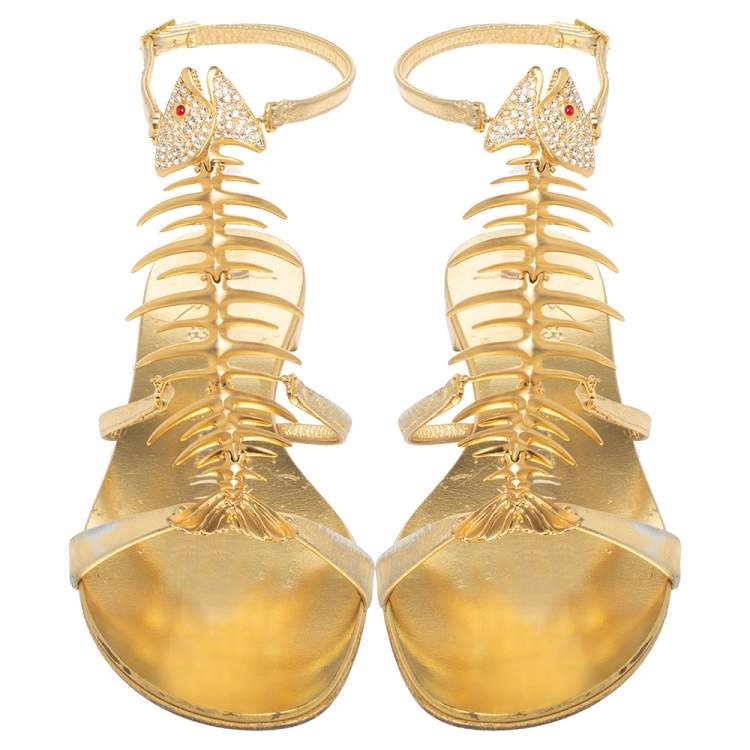 Pre Owned Giuseppe Zanotti Gold Leather Fishbone Embellished Ankle Strap Sandals Size 36
