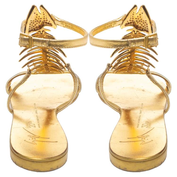 Pre Owned Giuseppe Zanotti Gold Leather Fishbone Embellished Ankle Strap Sandals Size 36