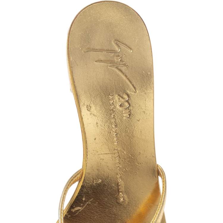 Pre Owned Giuseppe Zanotti Gold Leather Fishbone Embellished Ankle Strap Sandals Size 36