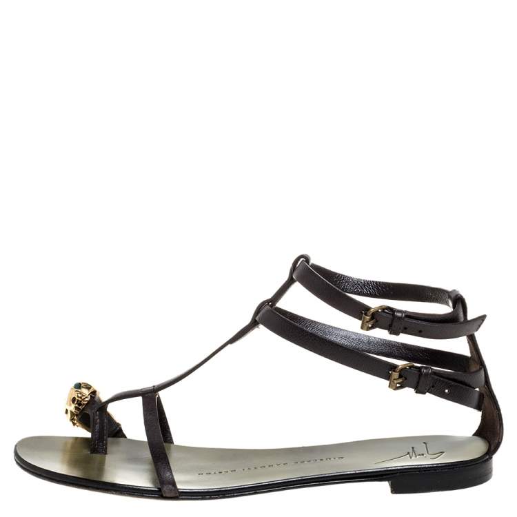 Pre Owned Giuseppe Zanotti Green Leather Lion Embellished Ankle Strap Flats Size 36