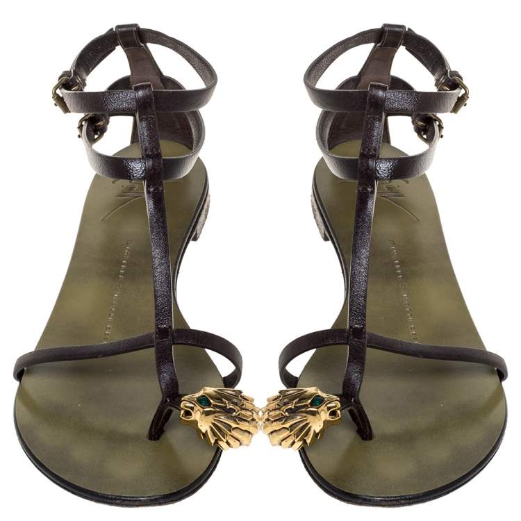 Pre Owned Giuseppe Zanotti Green Leather Lion Embellished Ankle Strap Flats Size 36