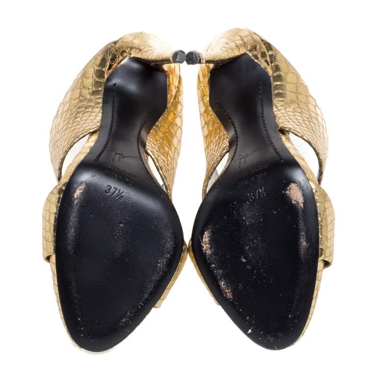 Pre Owned Giuseppe Zanotti Metallic Gold Snakeskin Effect Leather Andrea Mules Size 37.5