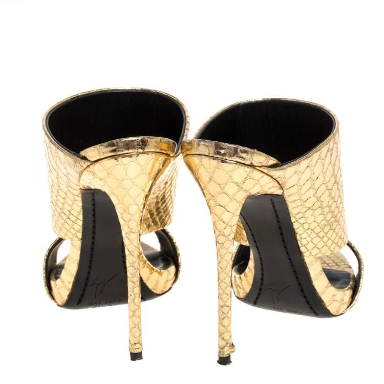 Pre Owned Giuseppe Zanotti Metallic Gold Snakeskin Effect Leather Andrea Mules Size 37.5