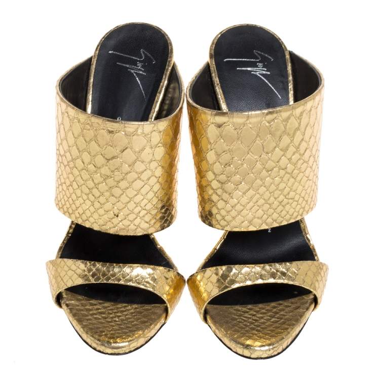 Pre Owned Giuseppe Zanotti Metallic Gold Snakeskin Effect Leather Andrea Mules Size 37.5