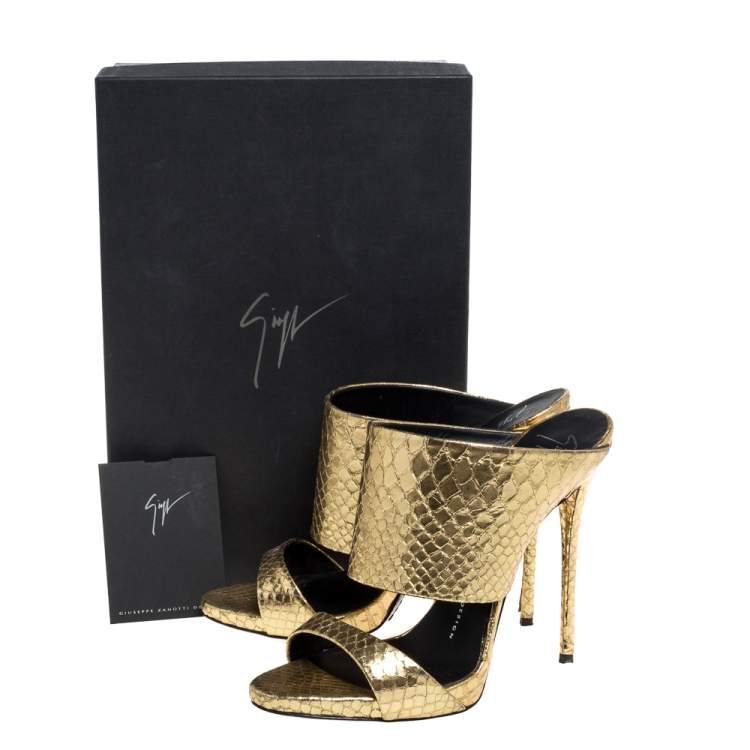 Pre Owned Giuseppe Zanotti Metallic Gold Snakeskin Effect Leather Andrea Mules Size 37.5