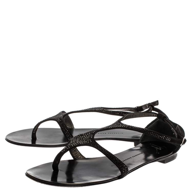 Pre Owned Giuseppe Zanotti Black Suede Crystal Embellished Flat Slides Size 39