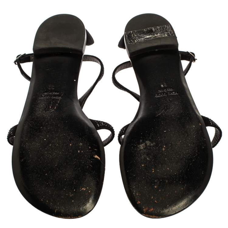 Pre Owned Giuseppe Zanotti Black Suede Crystal Embellished Flat Slides Size 39