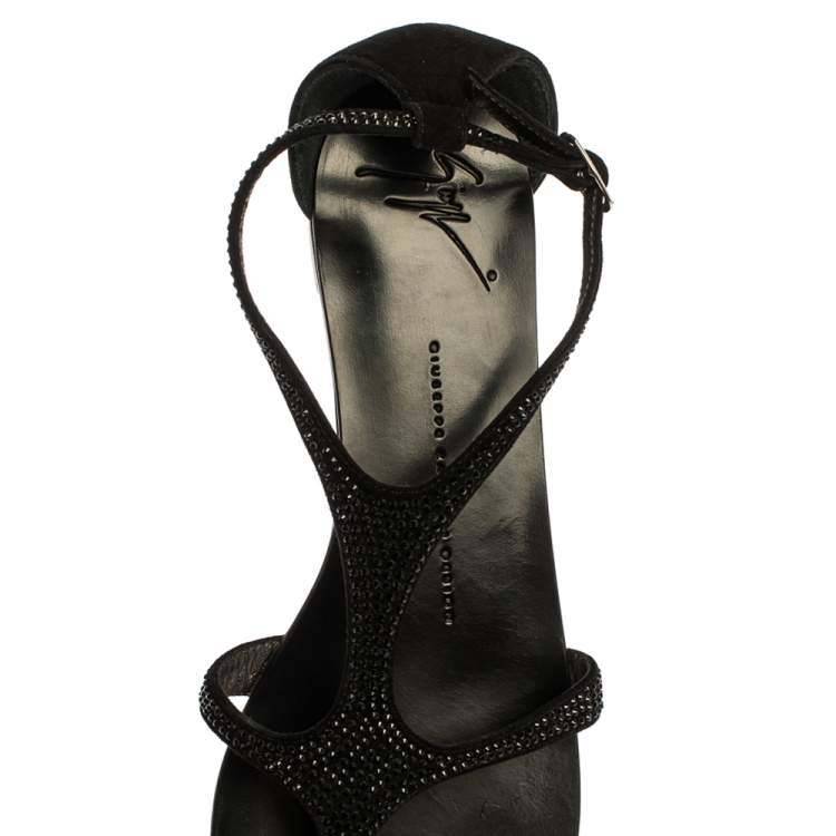 Pre Owned Giuseppe Zanotti Black Suede Crystal Embellished Flat Slides Size 39