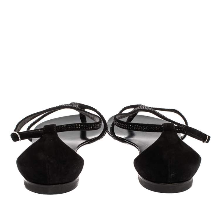 Pre Owned Giuseppe Zanotti Black Suede Crystal Embellished Flat Slides Size 39