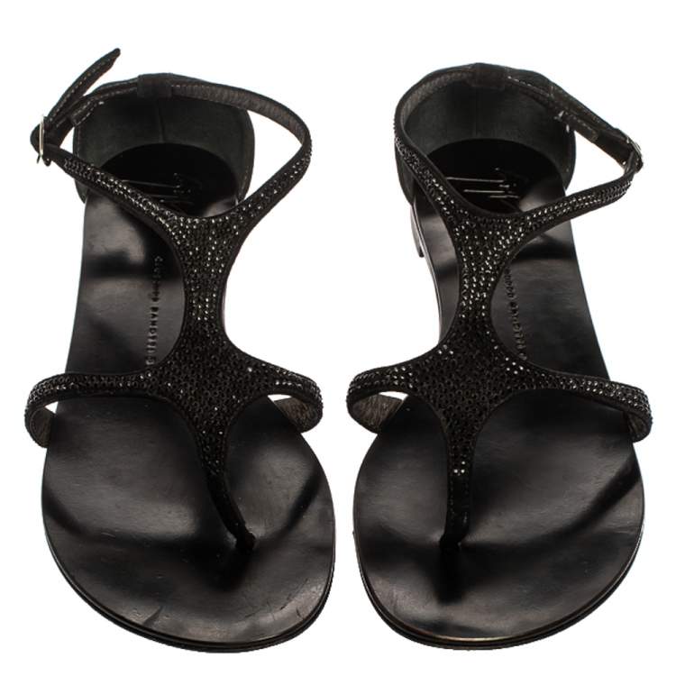 Pre Owned Giuseppe Zanotti Black Suede Crystal Embellished Flat Slides Size 39