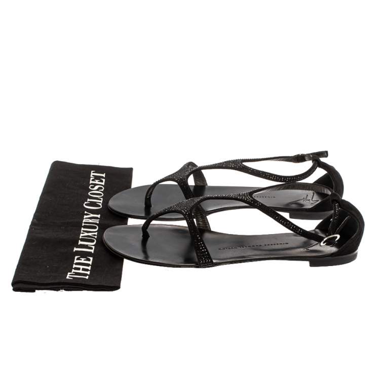 Pre Owned Giuseppe Zanotti Black Suede Crystal Embellished Flat Slides Size 39