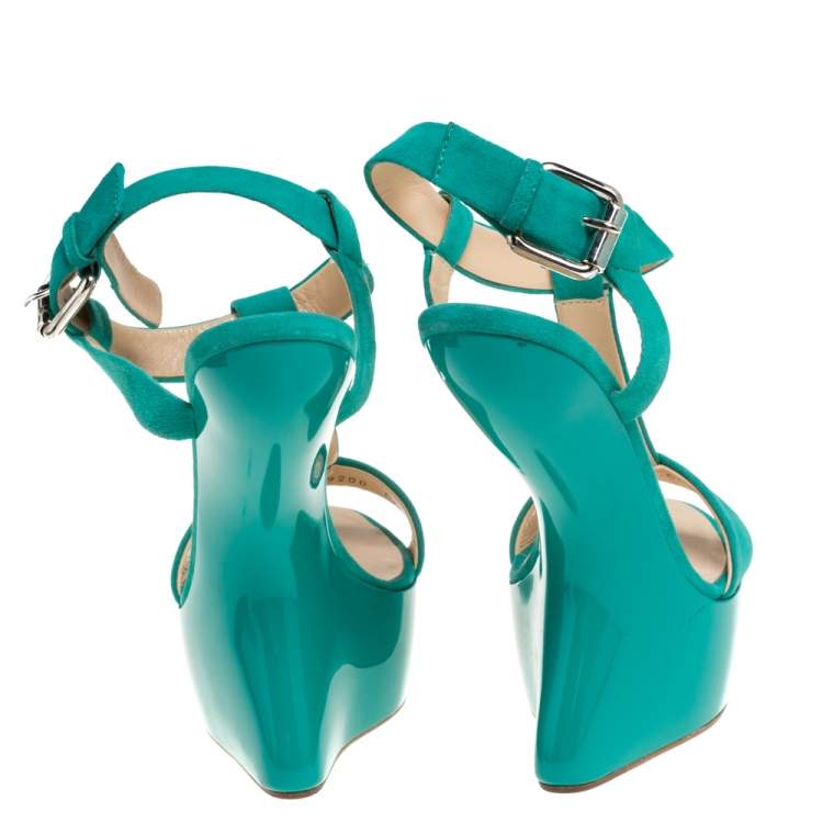 Pre Owned Giuseppe Zanotti Turquoise Blue Suede T Strap Platform Heel Less Wedge Sandals Size 38