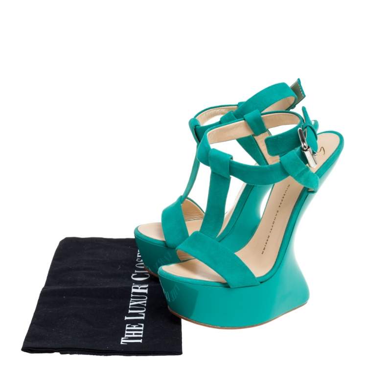 Pre Owned Giuseppe Zanotti Turquoise Blue Suede T Strap Platform Heel Less Wedge Sandals Size 38