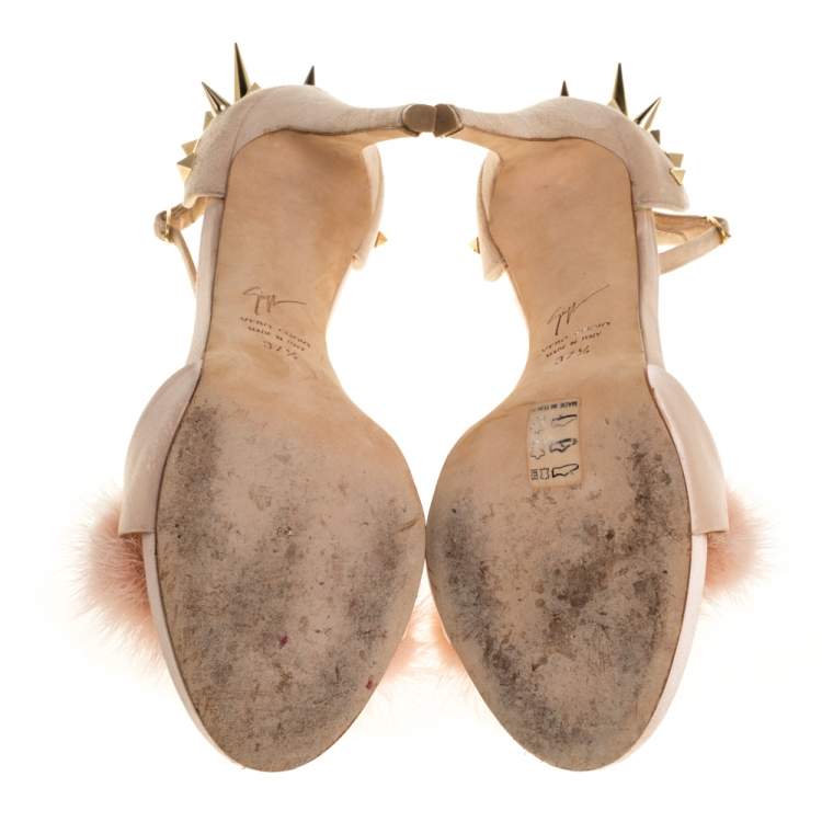 Pre Owned Giuseppe Zanotti Peach Satin, Suede and Fur Spiked Ankle Strap Sandals Size 37.5