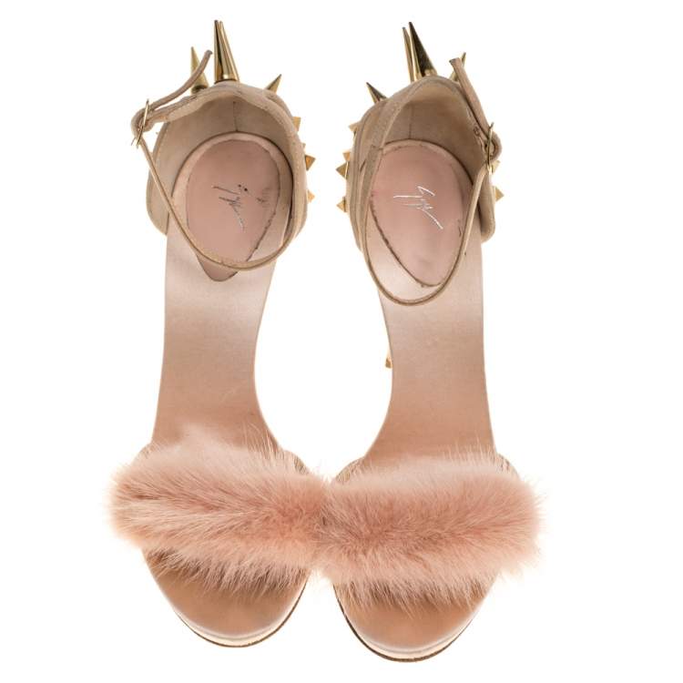Pre Owned Giuseppe Zanotti Peach Satin, Suede and Fur Spiked Ankle Strap Sandals Size 37.5