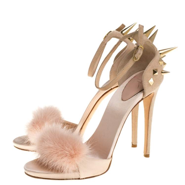 Pre Owned Giuseppe Zanotti Peach Satin, Suede and Fur Spiked Ankle Strap Sandals Size 37.5