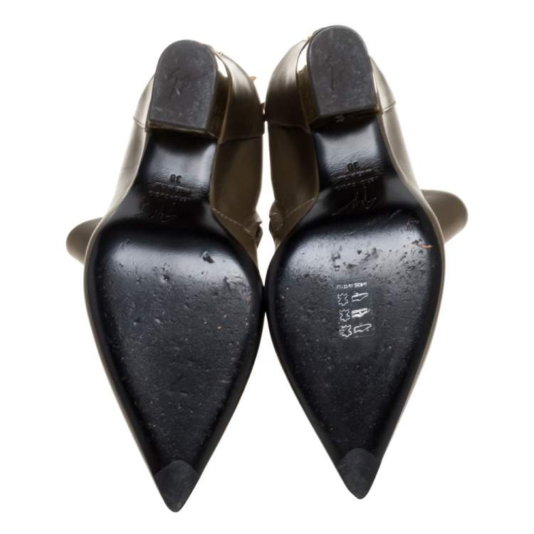 Pre Owned Giuseppe Zanotti Olive Green Leather  Pointed Toe Ankle Booties Size 38