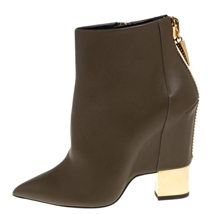 Pre Owned Giuseppe Zanotti Olive Green Leather  Pointed Toe Ankle Booties Size 38