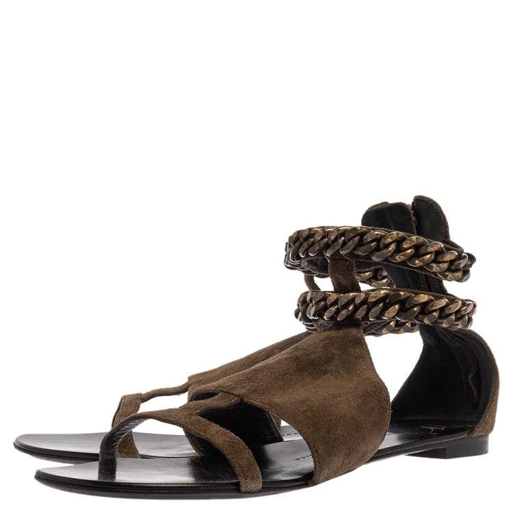 Pre Owned Giuseppe Zanotti Green Suede Chained Ankle Strap Flat Sandals Size 40