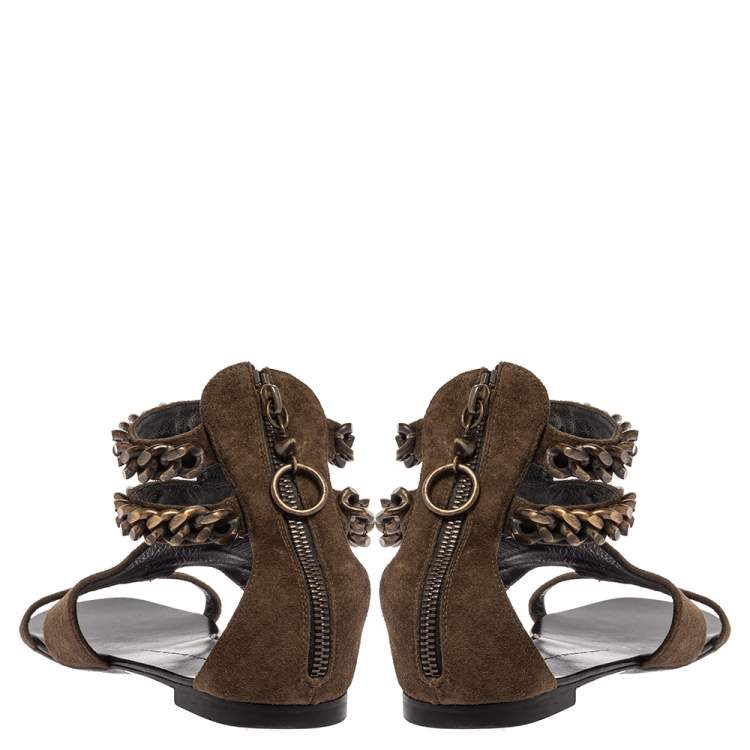 Pre Owned Giuseppe Zanotti Green Suede Chained Ankle Strap Flat Sandals Size 40