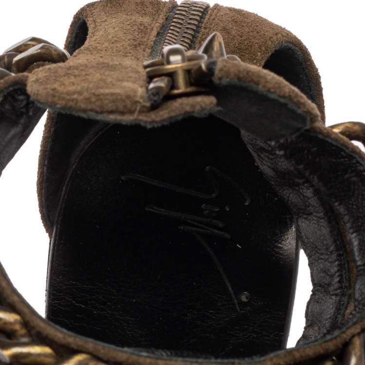 Pre Owned Giuseppe Zanotti Green Suede Chained Ankle Strap Flat Sandals Size 40