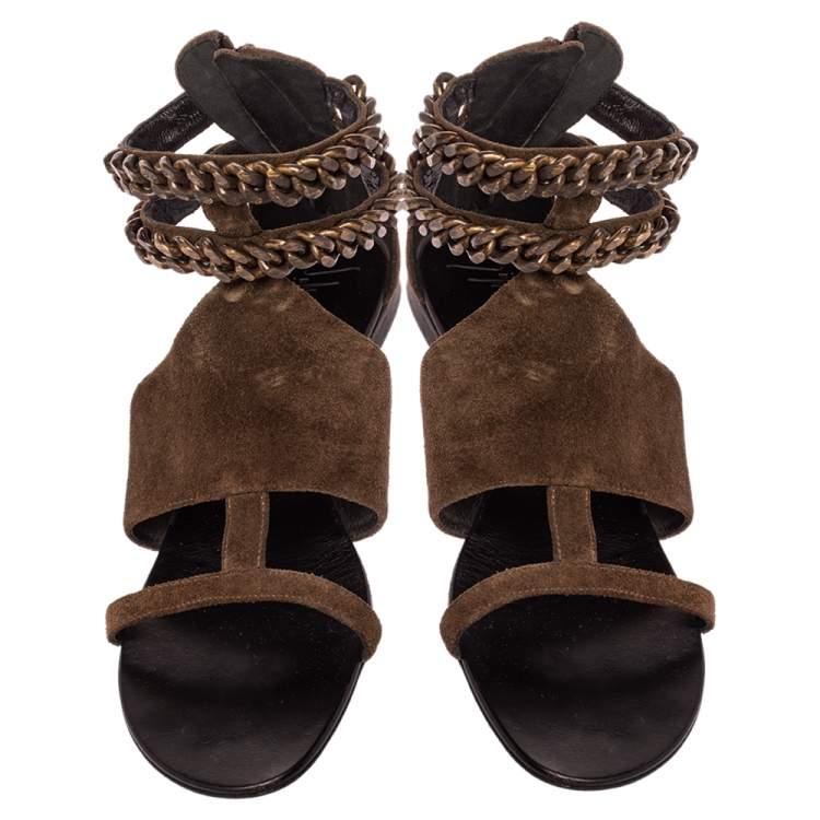 Pre Owned Giuseppe Zanotti Green Suede Chained Ankle Strap Flat Sandals Size 40