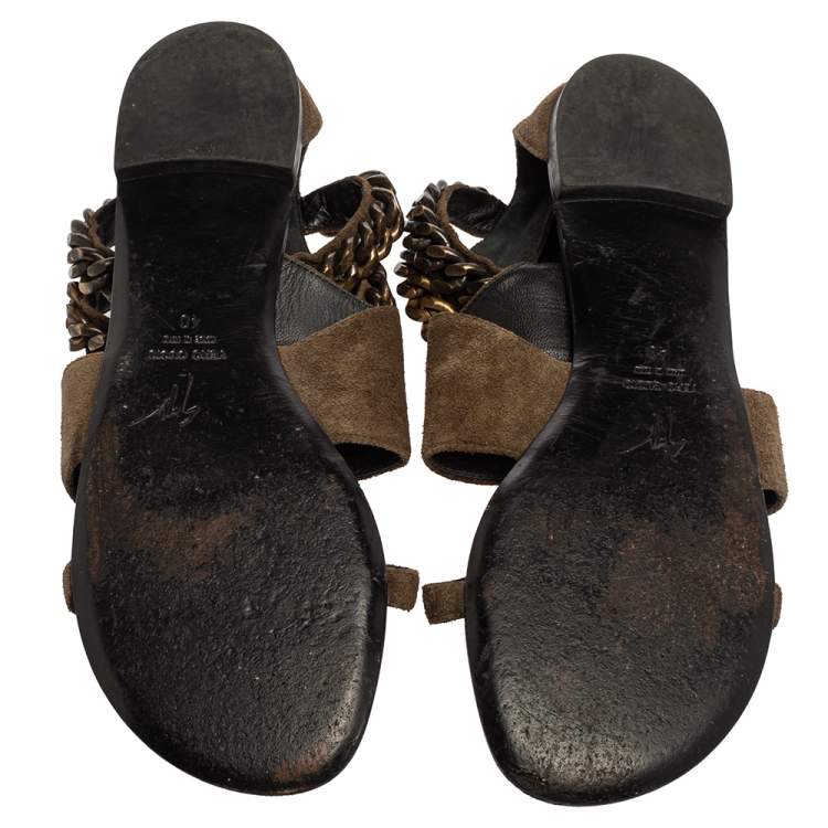 Pre Owned Giuseppe Zanotti Green Suede Chained Ankle Strap Flat Sandals Size 40