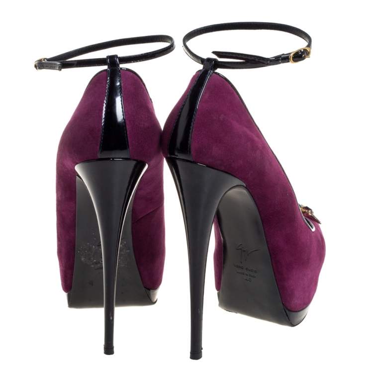 Pre Owned Giuseppe Zanotti Purple Suede Crystal Embellished Pep Toe Ankle Strap Pumps Size 40