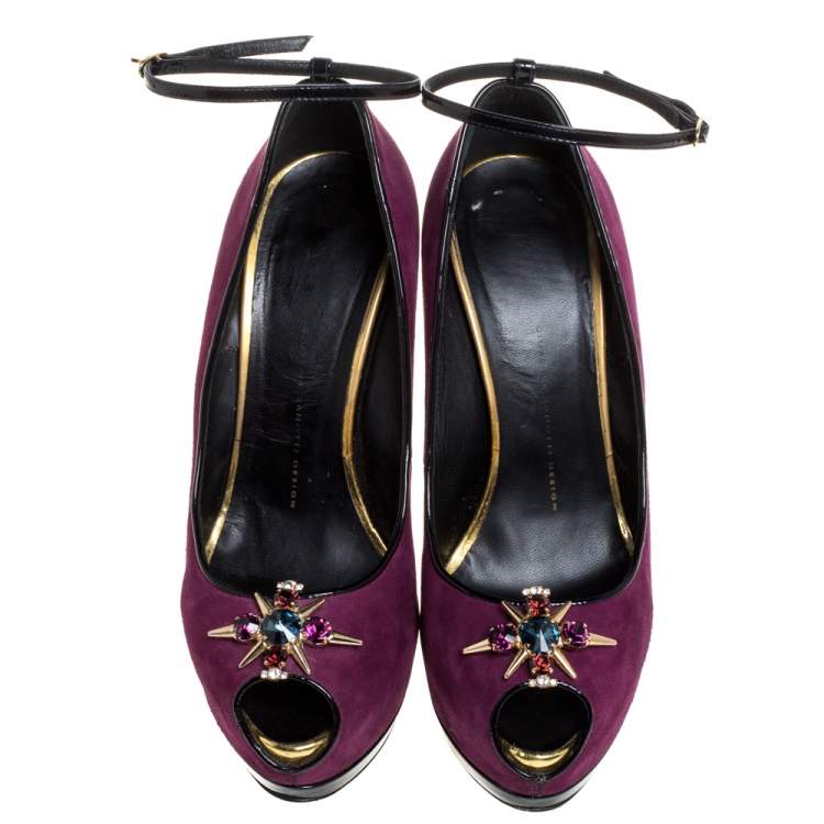 Pre Owned Giuseppe Zanotti Purple Suede Crystal Embellished Pep Toe Ankle Strap Pumps Size 40