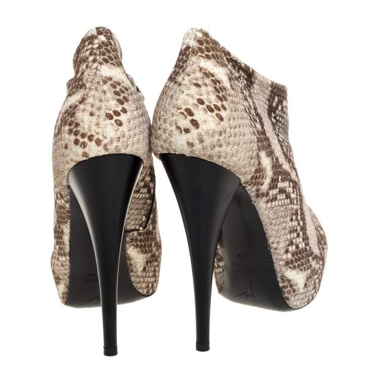 Pre Owned Giuseppe Zanotti Beieg/Brown Suede Python Embossed Peep Toe Boots Size 38