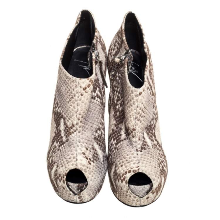 Pre Owned Giuseppe Zanotti Beieg/Brown Suede Python Embossed Peep Toe Boots Size 38