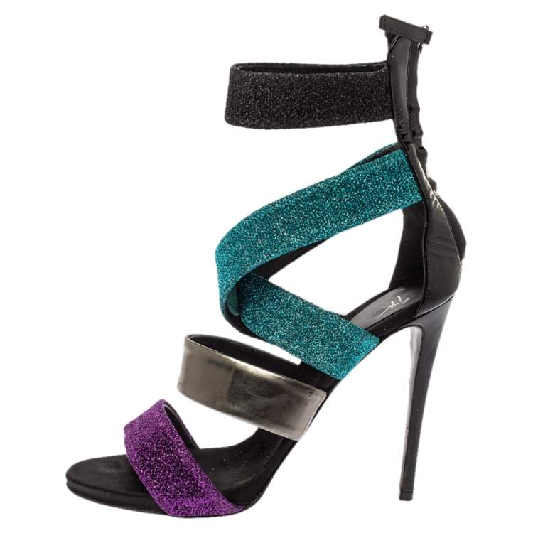Pre Owned Giuseppe Zanotti Multicolor Glitter Fabric And Leather Strappy Ankle Cuff Sandals Size 38.5