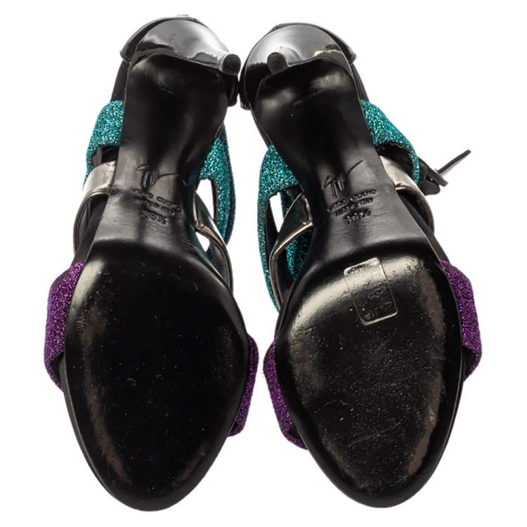 Pre Owned Giuseppe Zanotti Multicolor Glitter Fabric And Leather Strappy Ankle Cuff Sandals Size 38.5