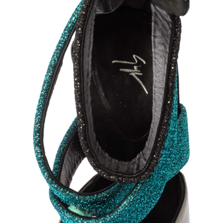 Pre Owned Giuseppe Zanotti Multicolor Glitter Fabric And Leather Strappy Ankle Cuff Sandals Size 38.5