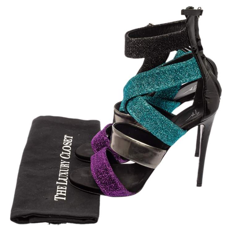 Pre Owned Giuseppe Zanotti Multicolor Glitter Fabric And Leather Strappy Ankle Cuff Sandals Size 38.5