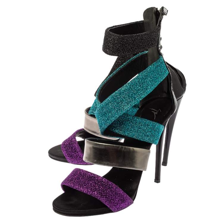 Pre Owned Giuseppe Zanotti Multicolor Glitter Fabric And Leather Strappy Ankle Cuff Sandals Size 38.5