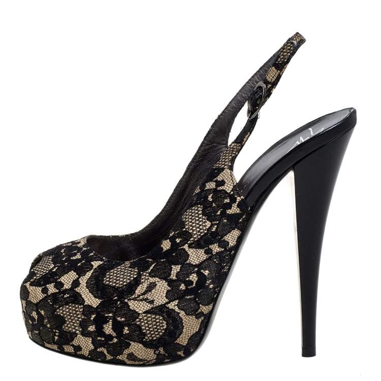 Pre Owned Giuseppe Zanotti Black Lace Peep Toe Slingback Sandals Size 38