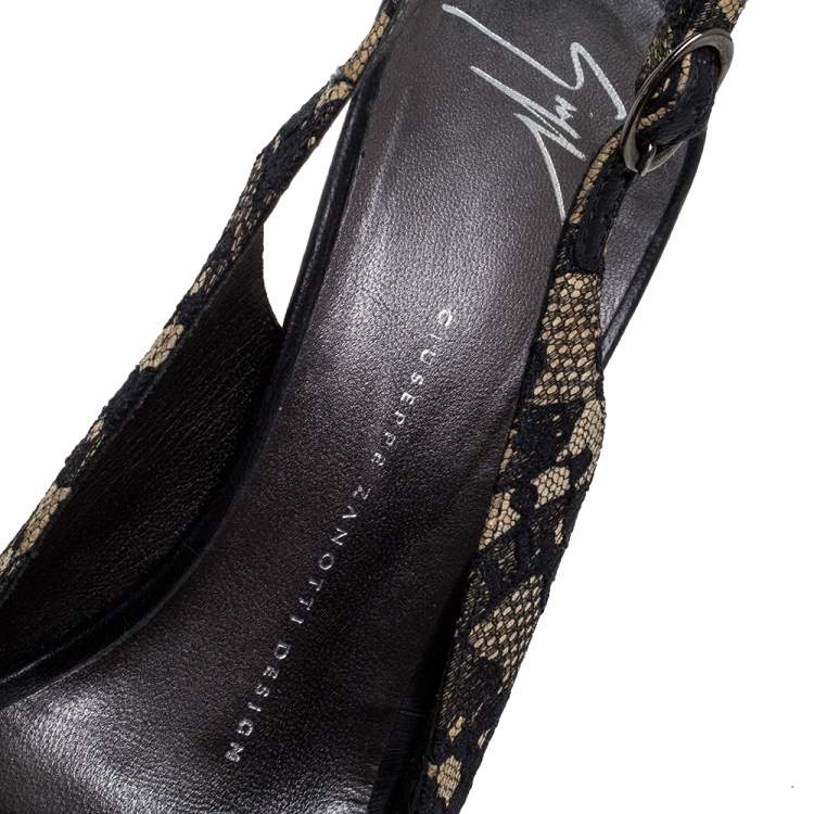 Pre Owned Giuseppe Zanotti Black Lace Peep Toe Slingback Sandals Size 38