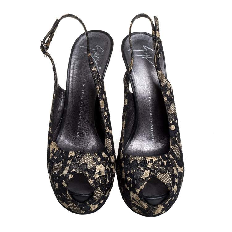 Pre Owned Giuseppe Zanotti Black Lace Peep Toe Slingback Sandals Size 38