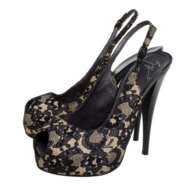 Pre Owned Giuseppe Zanotti Black Lace Peep Toe Slingback Sandals Size 38