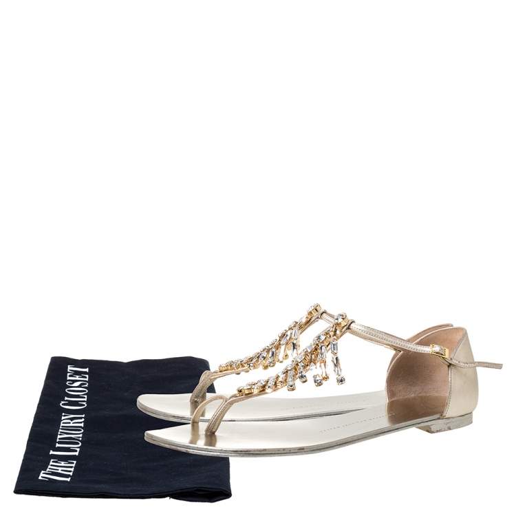 Pre Owned Giuseppe Zanotti Gold Leather Embellished Thong Flats Size 41