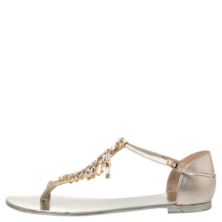 Pre Owned Giuseppe Zanotti Gold Leather Embellished Thong Flats Size 41